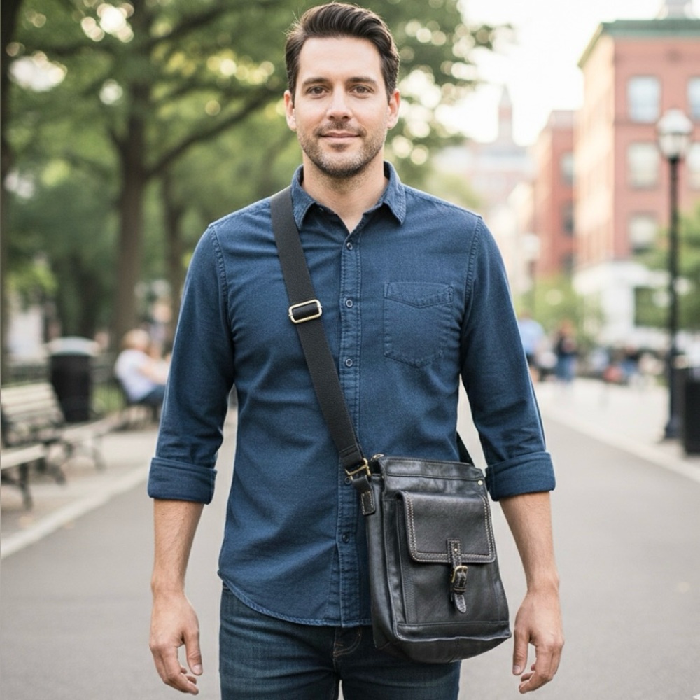 Patricia Nash Men’s Black Leather North / South Crossbody Bag